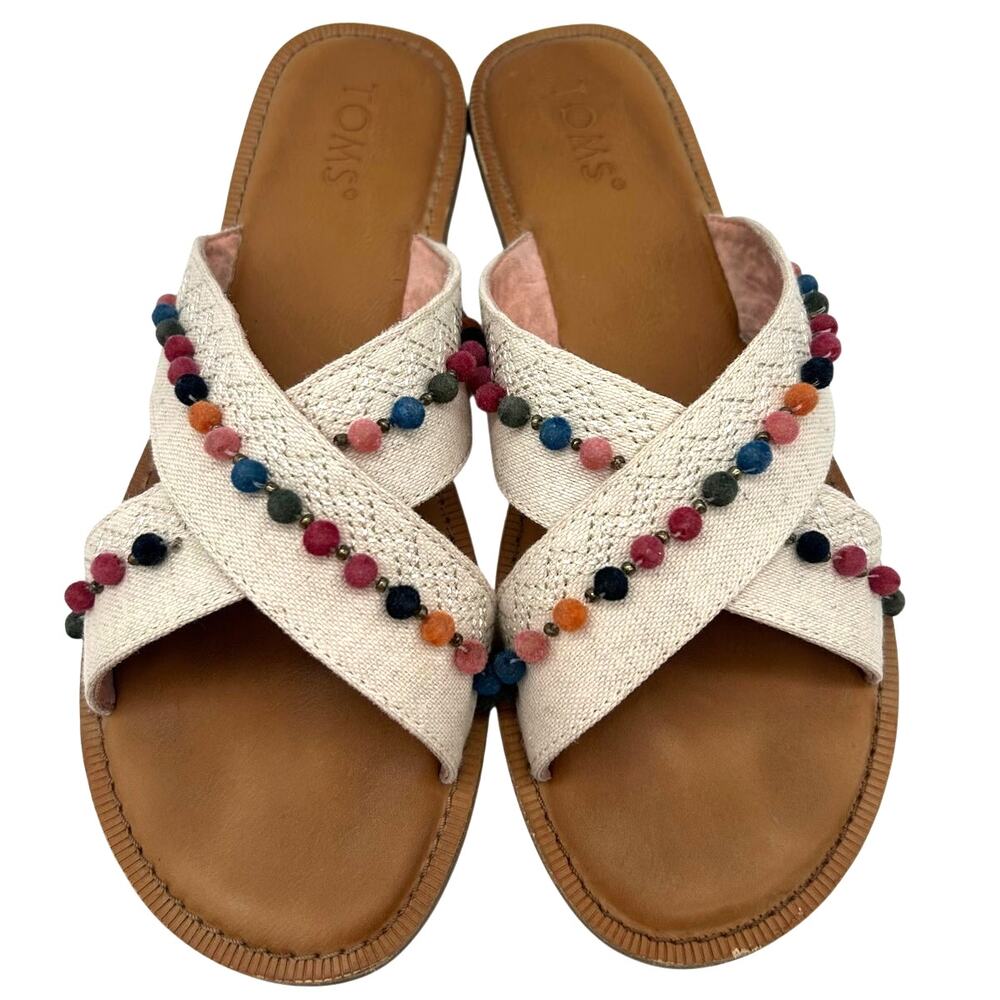 TOMS Viv Natural Hemp Pom Pom Beaded Slide Sandals Crisscross Boho Size 8 Summer